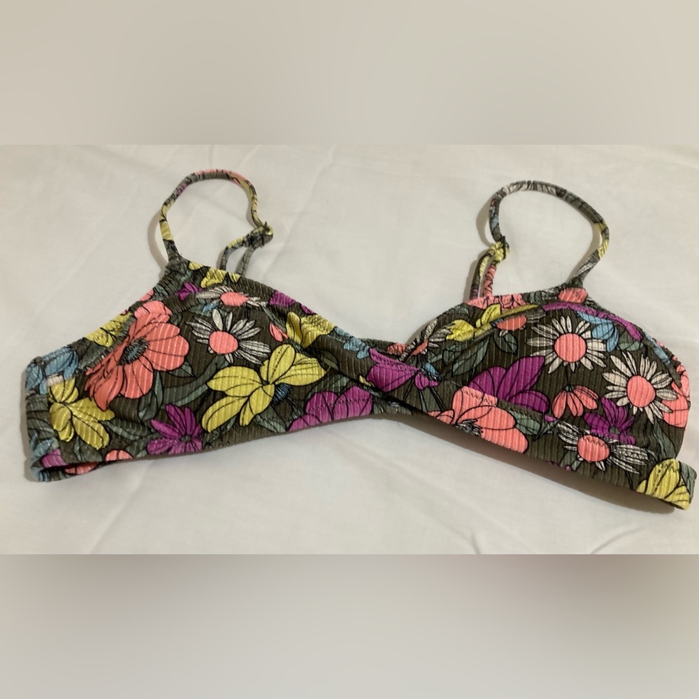 aerie Floral Bikini Top with Olive Green Pink & Yellow Blooms Daisy
